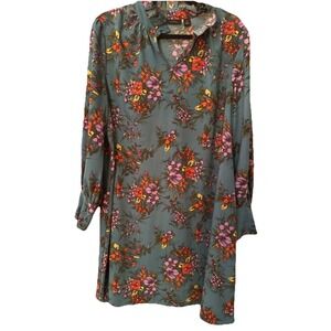 Halogen‎ Long Sleeve Ruffle Neck Dress XL Petite Green Floral